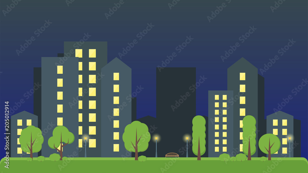 Night city park with trees and a bench. Tall houses in the background. Vector illustration