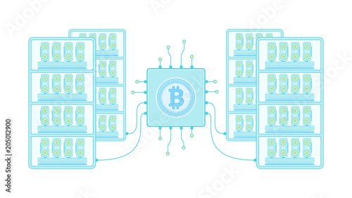GPU is a mining farm in a flat style. Equipment for Mining Bitcoin. The concept of mining crypto currency on video cards. Vector illustration