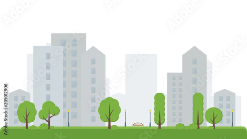City park with trees and a bench. Tall houses in the background. Vector illustration