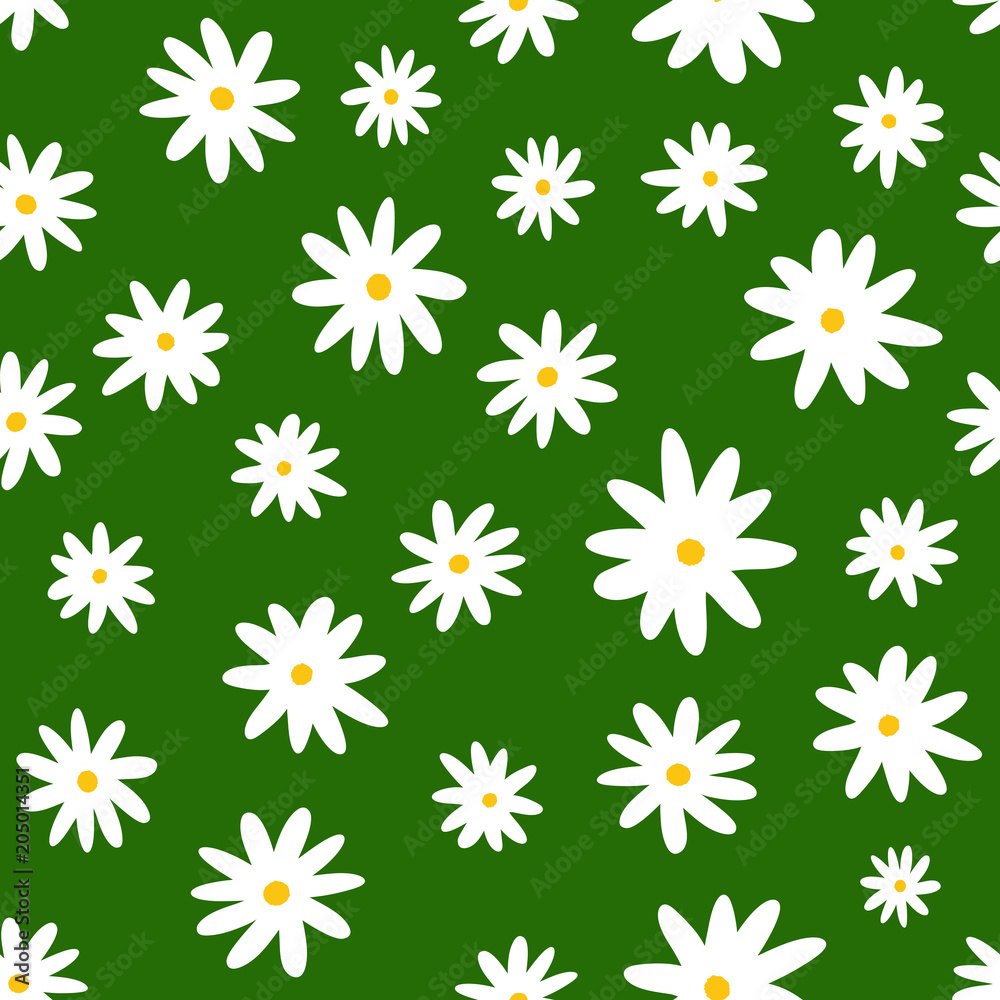 Floral seamless pattern with repeating daisies on green background. Endless feminine print.