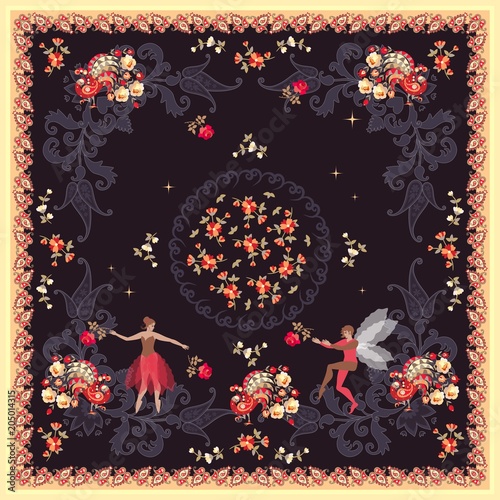 Beautiful square pillowcase with cute fairy, elf and peacocks on floral paisley background with bright ornamental frame in vector.