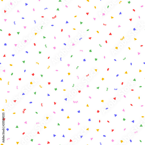 Randomly scattered colorful confetti. Festive seamless pattern. Endless fun print.