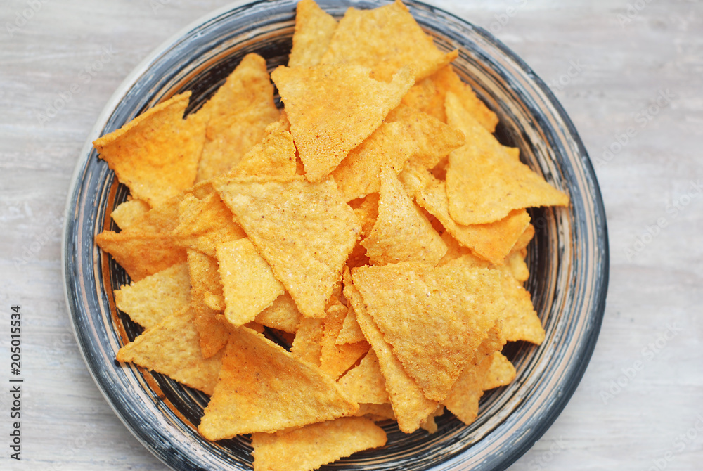 Nachos Chips in Plate. Grey Table. background. Top view. Healthy Food Snack  Stock Photo | Adobe Stock