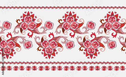 Beautiful horisontal border in ethnic style. Stylized roses, tulips and paisley ornament on white background. Vector illustration.