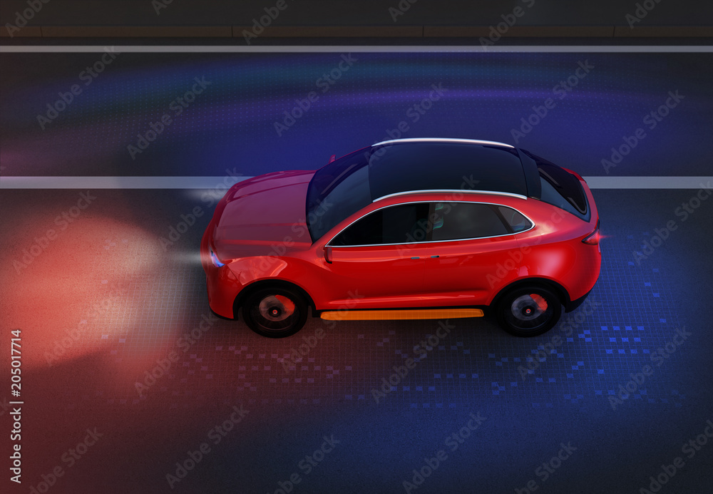 Side view of red SUV driving on the road with graphic mesh pattern retouched. night traffic.  3D rendering image.