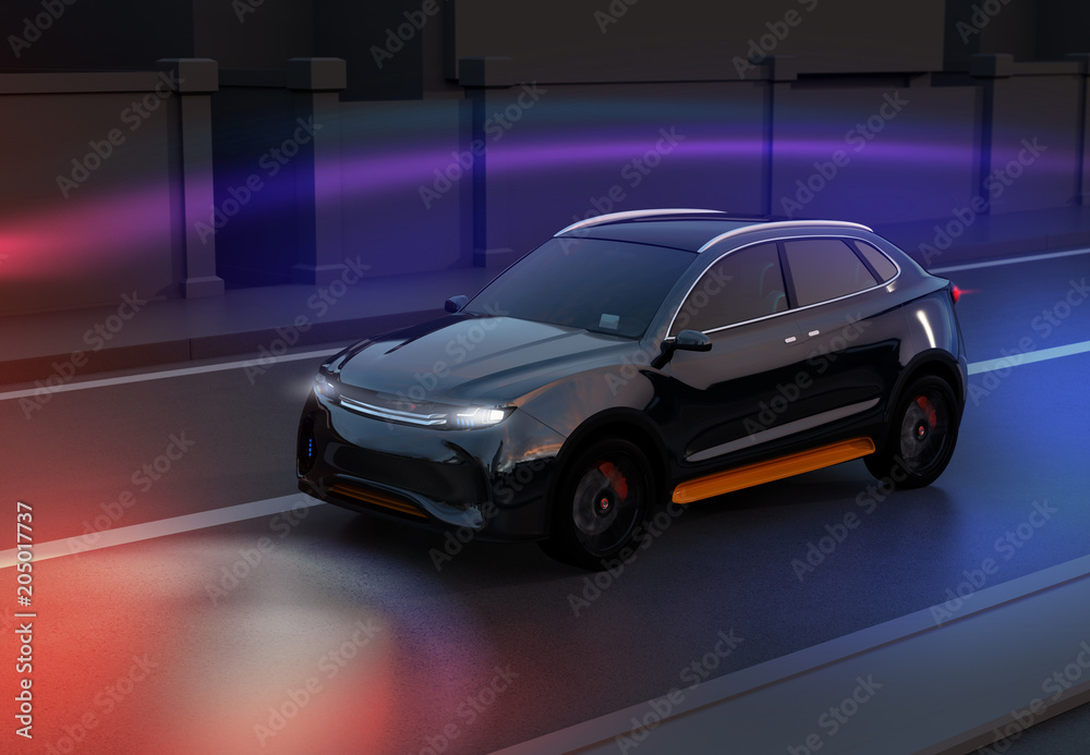 Black SUV driving on the road with graphic mesh pattern retouched. night traffic.  3D rendering image.