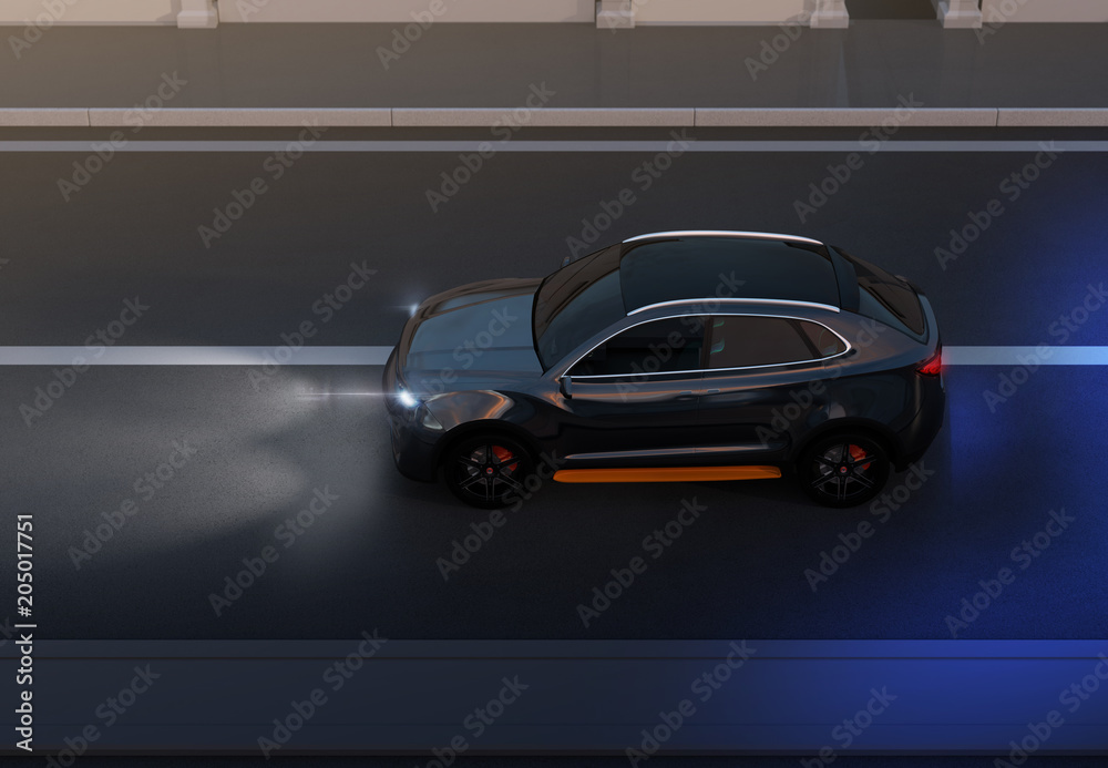 Side view of black SUV driving on the road. night traffic scene.  3D rendering image.