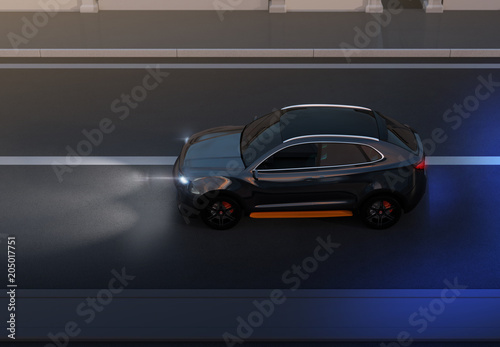 Side view of black SUV driving on the road. night traffic scene. 3D rendering image.
