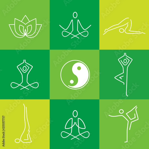 Yoga flat green icons.
Yoga line art icons set. Modern symbols for infographics or web use.Vector available. 