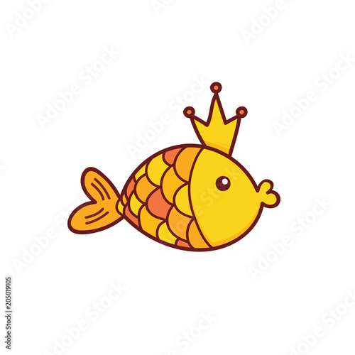 Doodle, hand drawn vector illustration of golden fish character in crown. 