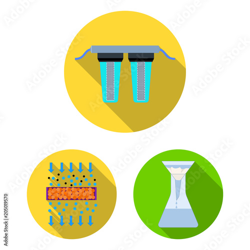 Water filtration system flat icons in set collection for design. Cleaning equipment vector symbol stock web illustration.