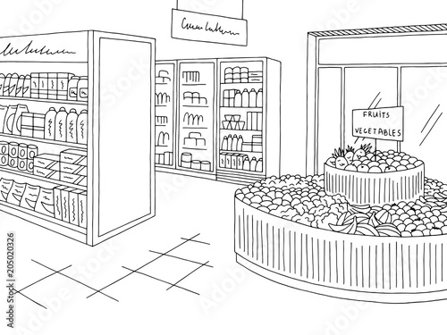Grocery store graphic shop interior black white sketch illustration vector