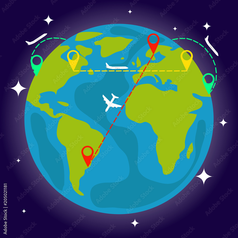 Naklejka premium Flights between cities. Schemes of air travel on the background of the Earth.