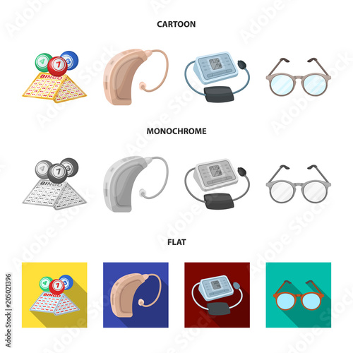 Lottery, hearing aid, tonometer, glasses.Old age set collection icons in cartoon,flat,monochrome style vector symbol stock illustration web.