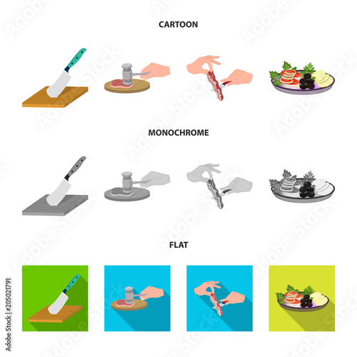 Cutlass on a cutting board, hammer for chops, cooking bacon, eating fish and vegetables. Eating and cooking set collection icons in cartoon,flat,monochrome style vector symbol stock illustration web.