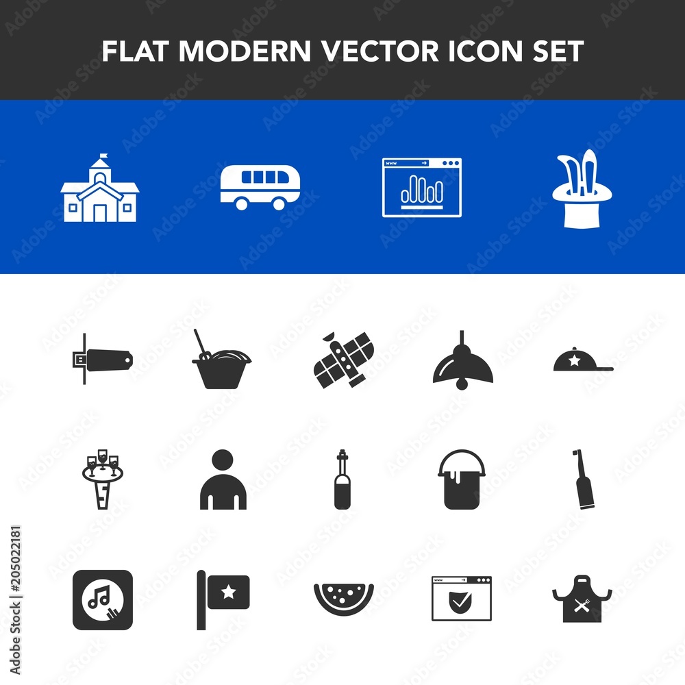 Modern, simple vector icon set with magic, cap, road, wine, food, speed, building, technology, man, electricity, space, alcohol, medicine, clothing, house, lamp, glass, transportation, planet icons