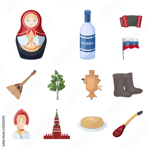 Country Russia, travel cartoon icons in set collection for design. Attractions and features vector symbol stock web illustration.