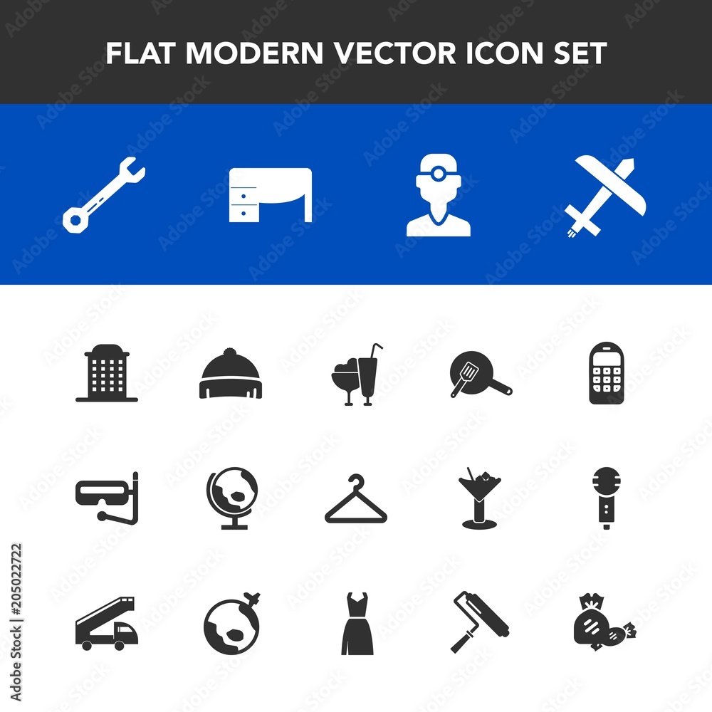 Modern, simple vector icon set with communication, city, aircraft, world, hammer, sea, sweet, dentist, planet, water, style, spanner, dessert, airplane, white, mobile, clinic, house, equipment icons