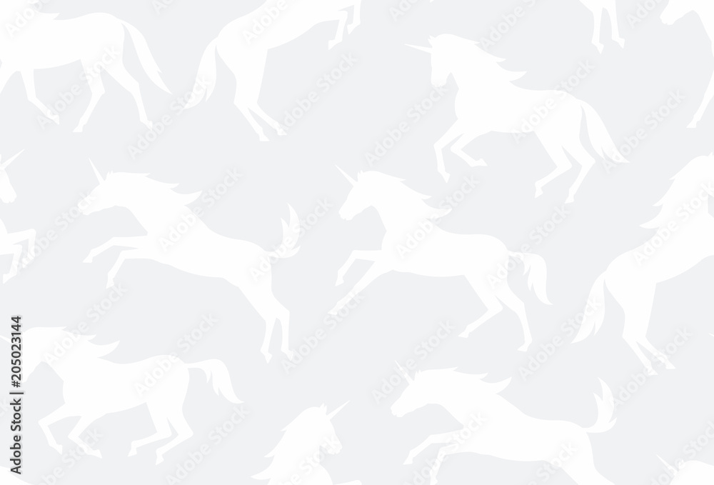 Seamless pattern with white unicorns silhouettes. flat style. isolated on white background Seamless pattern with white unicorns silhouettes. flat style. isolated on white background