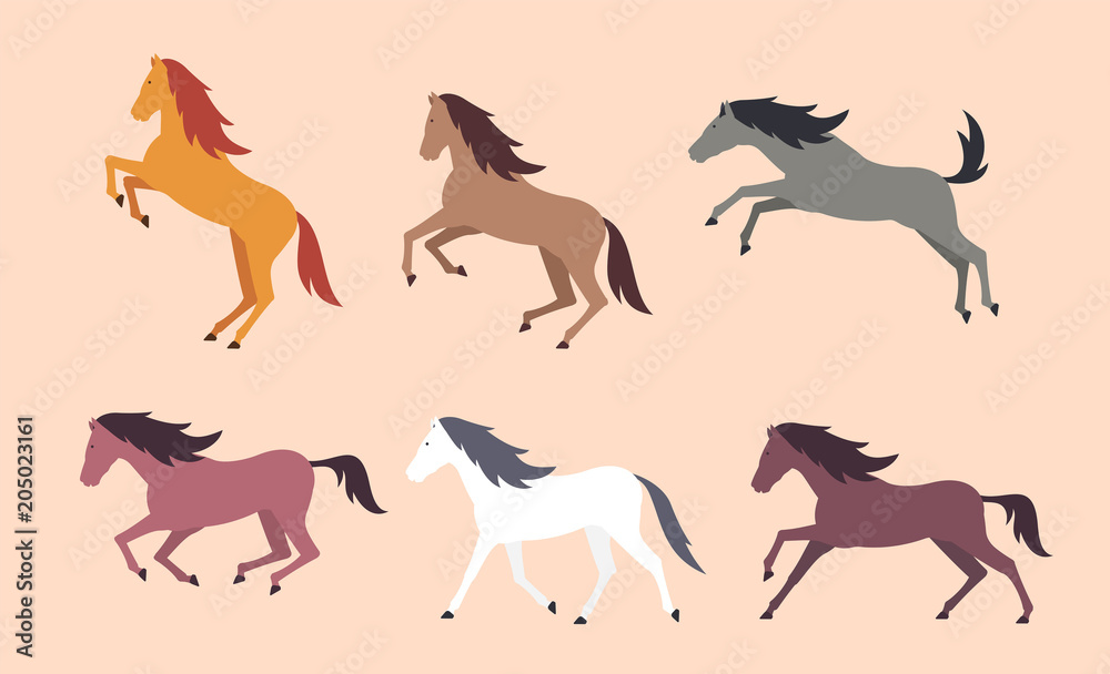 Fototapeta premium Set of colorful horses. flat style. isolated on beige background