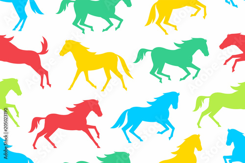 Fototapeta Naklejka Na Ścianę i Meble -  Seamless pattern with Colorful horses silhouettes. flat style. isolated on white  background