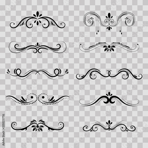 Decorative borders and frame set, vignette elements on transparent background for design. Wedding card, menu, congratulation.