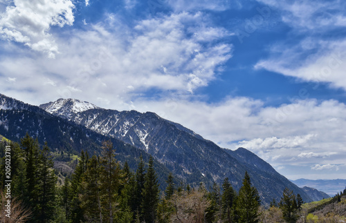 Panoramic Views of Wasatch Front Rocky Mountains from Little Cottonwood Canyon looking towards the Great Salt Lake Valley in early spring with melting snow, pine trees and budding Quaking Aspen in Uta