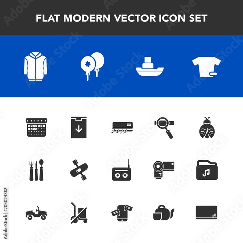 Modern, simple vector icon set with kayaking, timetable, jacket, activity, radio, sign, celebration, spoon, technology, media, time, lady, web, research, conditioning, water, day, sea, clothing icons
