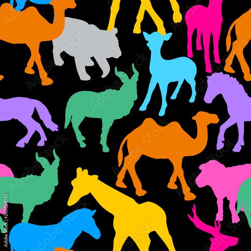 Silhouette of colorful wild animals.Seamless pattern, Vector illustration isolated on black background.