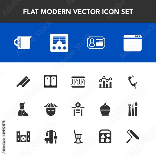 Modern, simple vector icon set with web, internet, antenna, signal, young, wireless, trend, concept, business, furniture, restaurant, telephone, graph, axe, identity, waiter, food, container, id icons