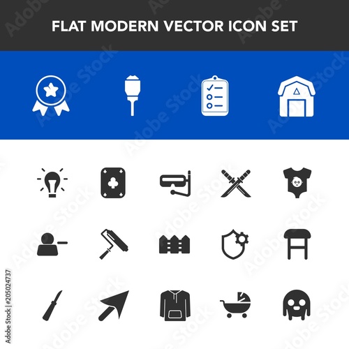 Modern, simple vector icon set with staple, water, energy, idea, bulb, mask, brush, game, sea, weapon, barn, natural, place, sign, kid, farming, account, list, japanese, paint, child, snorkel icons