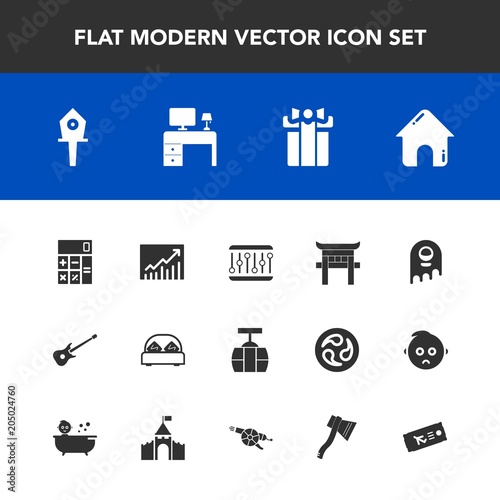 Modern, simple vector icon set with musical, double, house, accounting, space, calculator, fiction, bird, japan, transportation, cable, furniture, holiday, white, gift, travel, spring, nest, sky icons