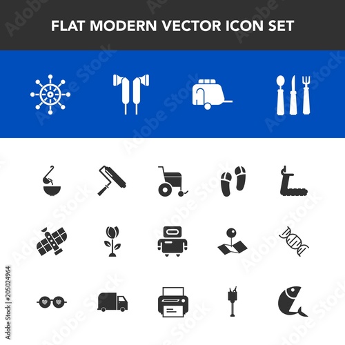 Modern, simple vector icon set with transportation, station, train, treadmill, ship, meal, soup, dinner, cyborg, food, slipper, robot, planet, nature, nautical, vehicle, blossom, footwear, brush icons