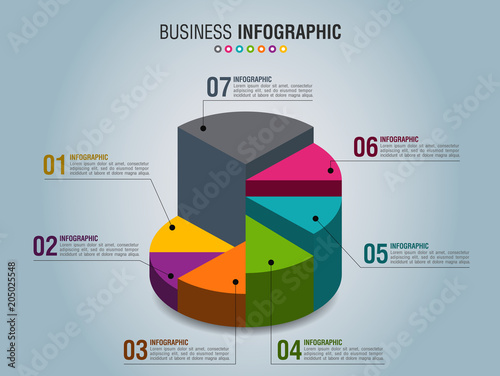 3D Infographic Template with 7 steps . Business 3D graph circle template with options for brochure, diagram, workflow, timeline, web design and marketing. Vector EPS 10