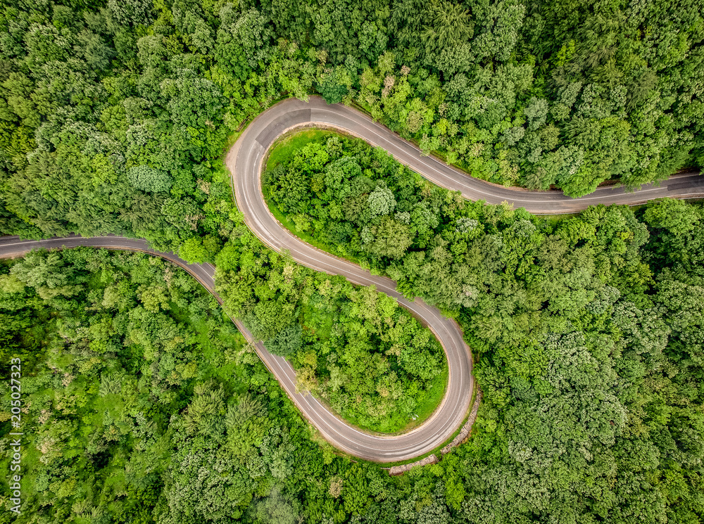 Fototapeta premium Winding curved road in the middle of the forest. Aerial shot using a drone