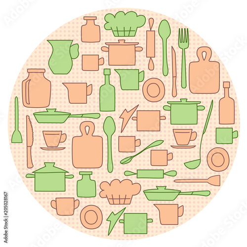 beige and green kitchenware on circle background - vector illustration