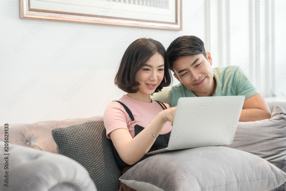 Couple Use Laptop Computer Together In Living Room, Happy Smiling Woman, Couple Use Laptop Computer Together In Living Room, Happy Smiling Woman,