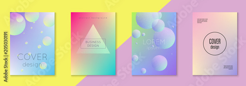 Holographic cover set with radial fluid. Geometric shape on gradient background. Modern hipster template for placard, cover, banner, flyer, presentation, annual. Minimal holographic cover in neon