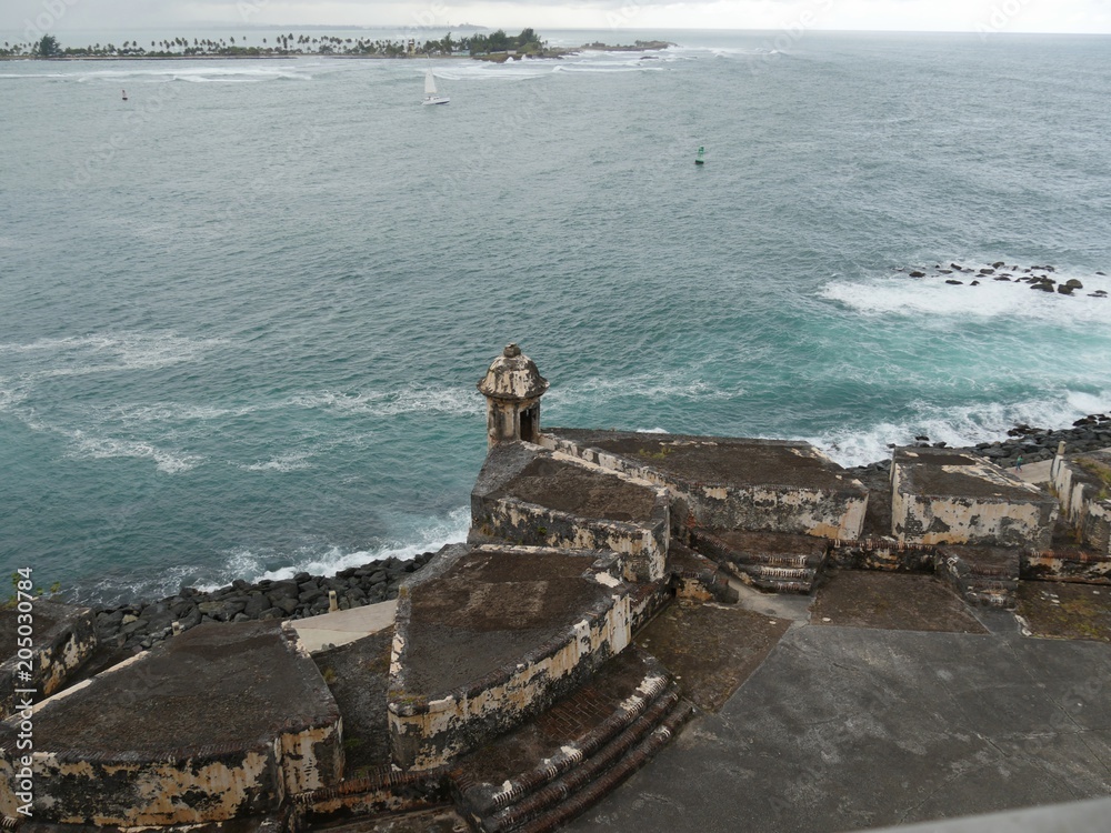 Top view of one of the turrets at the El Morro Fort at the Old San Juan district overlooking the ocean in Puerto Rico.