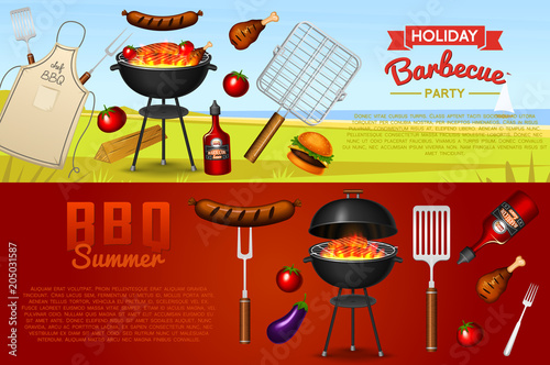 Barbecue grill elements set isolated on red background. BBQ party poster. Summer time. Meat restaurant at home. Charcoal kettle with tool, sauce and foods. Kitchen equipment for menu. Cooking outdoors