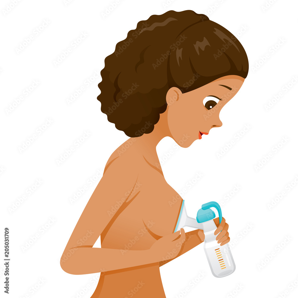 Dark Skin Mother Pumping Her Breast With Manual Breast Pump, Side View,  Mother's day, Suckling, Infant, Motherhood, Innocence Stock Vector