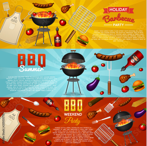 Barbecue grill elements set isolated on red background. BBQ party poster. Summer time. Meat restaurant at home. Charcoal kettle with tool, sauce and foods. Kitchen equipment for menu. Cooking outdoors