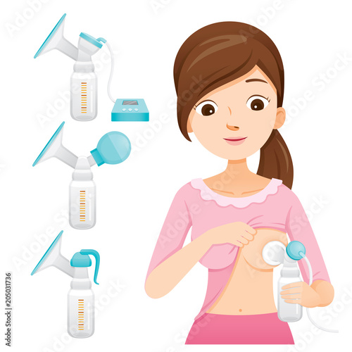 Mother Pumping Her Breast With Automatic Breast Pump. Breast Pump Set, Mother’s day, Suckling, Infant, Motherhood, Innocence