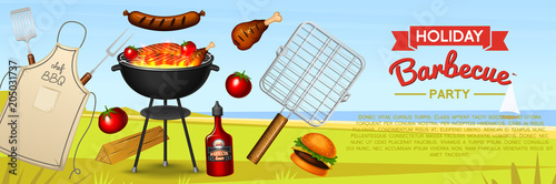 Barbecue grill elements set isolated on red background. BBQ party poster. Summer time. Meat restaurant at home. Charcoal kettle with tool, sauce and foods. Kitchen equipment for menu. Cooking outdoors
