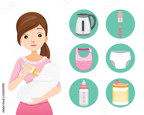 Mother Feeding Baby With Milk In Baby Bottle. Baby Icons Set, Mother’s day, Suckling, Infant, Motherhood, Innocence