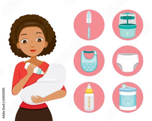 Dark Skin Mother Feeding Baby With Milk In Baby Bottle. Baby Icons Set, Mother’s day, Suckling, Infant, Motherhood, Innocence