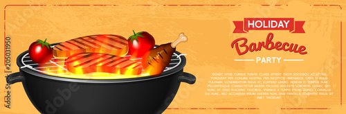 Barbecue grill elements set isolated on red background. BBQ party poster. Summer time. Meat restaurant at home. Charcoal kettle with tool, sauce and foods. Kitchen equipment for menu. Cooking outdoors
