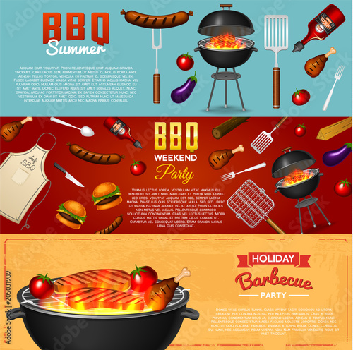 Barbecue grill elements set isolated on red background. BBQ party poster. Summer time. Meat restaurant at home. Charcoal kettle with tool, sauce and foods. Kitchen equipment for menu. Cooking outdoors
