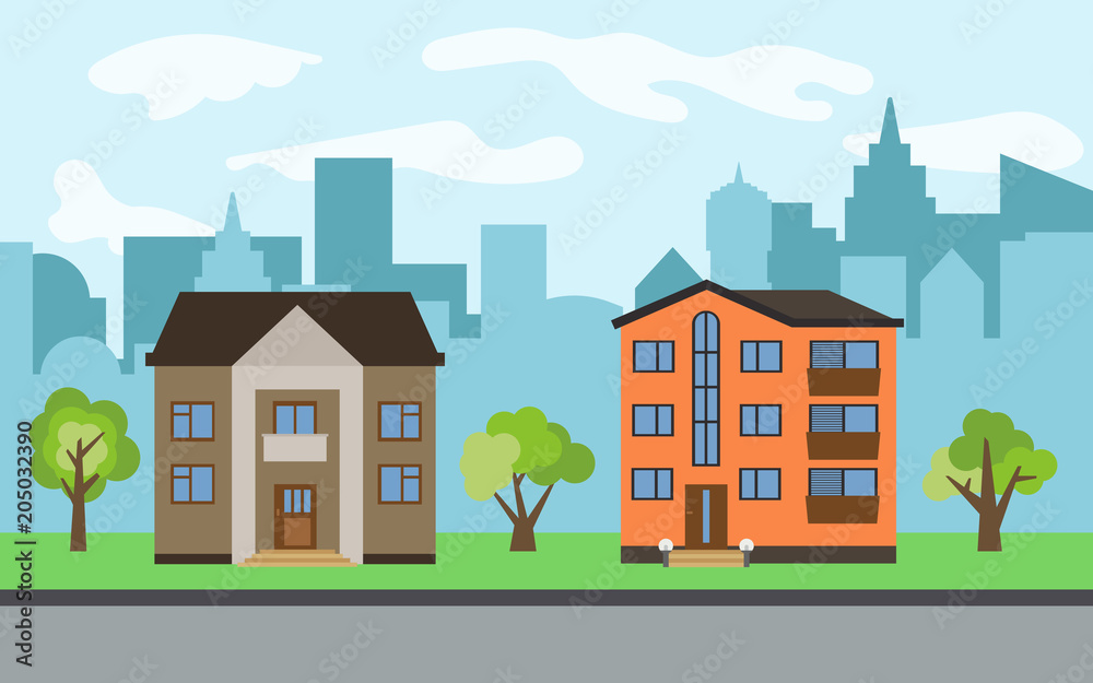 Vector city with two-story and three-story cartoon houses and green trees  in the sunny day. Summer urban landscape. Street view with cityscape on a  background Stock Vector | Adobe Stock