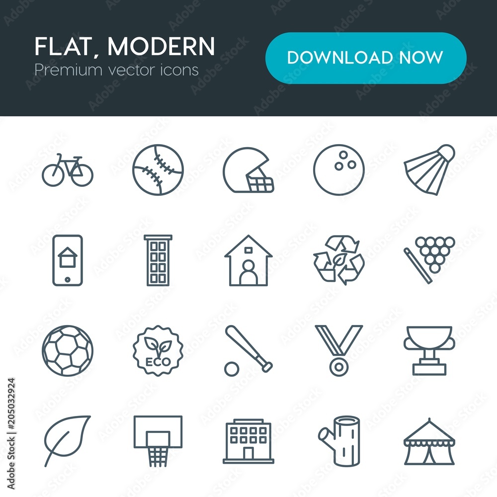 Fototapeta premium Modern Simple Set of sports, nature, buildings Vector outline Icons. Contains such Icons as ball, texture, leaf, eco, winner, flower and more on white background. Fully Editable. Pixel Perfect